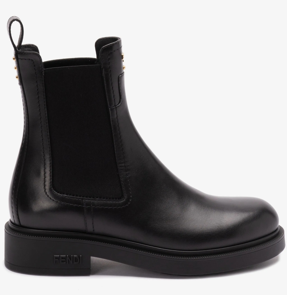 Fendi Filo Black Leather Elastic Pull On Gold Logo Short Ankle Chelsea Boot 41